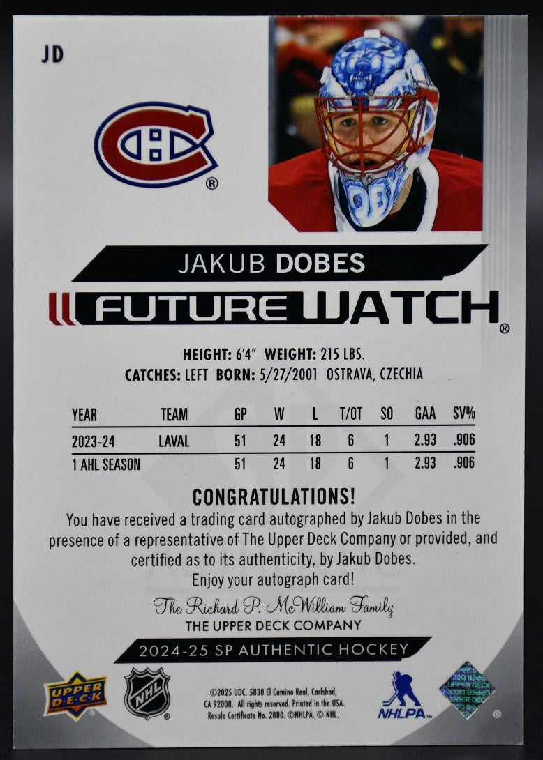 2024-25 SP Authentic Jakub Dobes JD Montreal Canadiens RC Auto 405/999