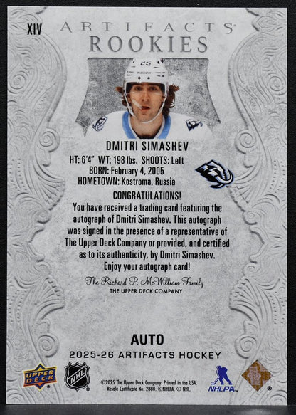 2025-26 UD Artifacts Rookies Auto Redemptions Dmitri Simashev RC Auto 6438