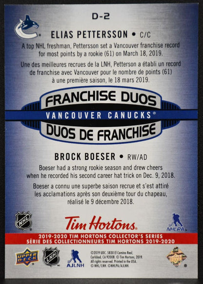 2019-20 UD Tim Hortons Franchise Duos Elias Pettersson/Brock Boeser D-2 Canucks 6231