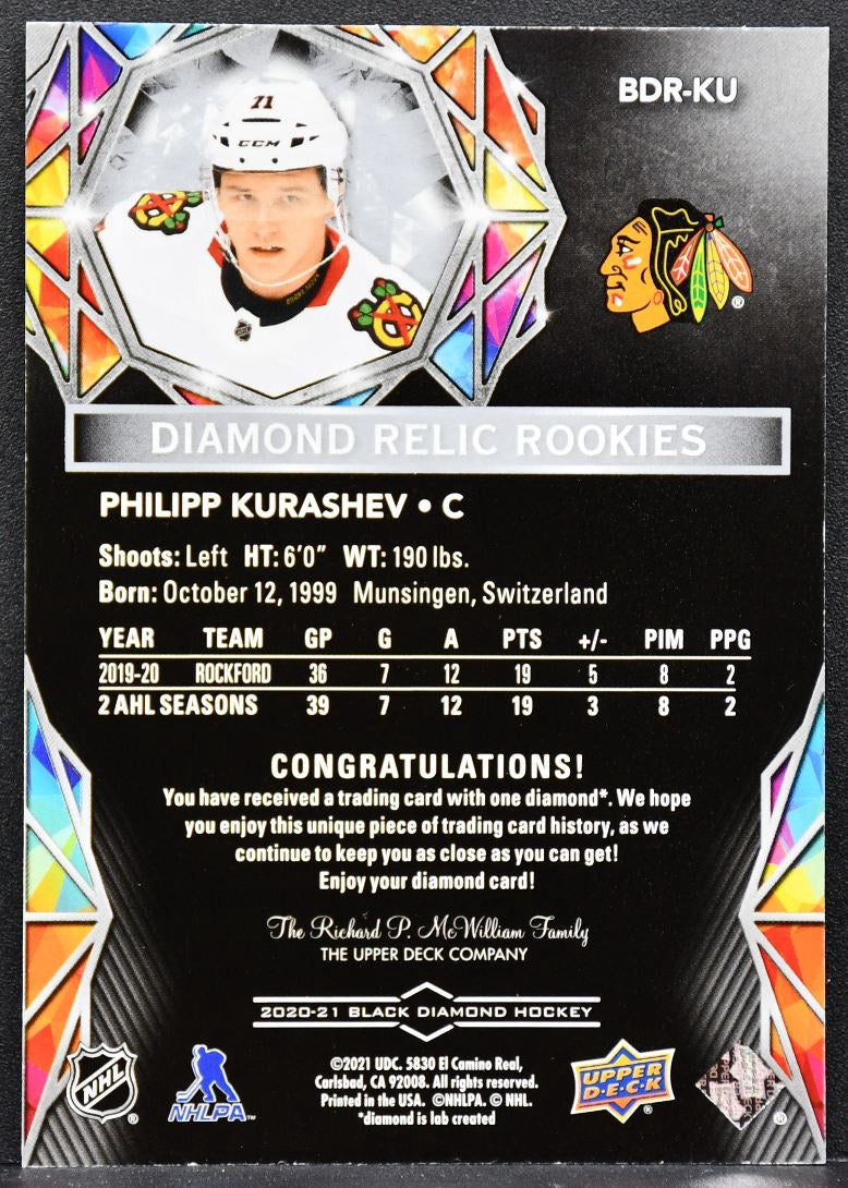 20-21 UD Black Diamond Relics RC Gems Philipp Kurashev BDR-KU Blackhawks RC /99 8501