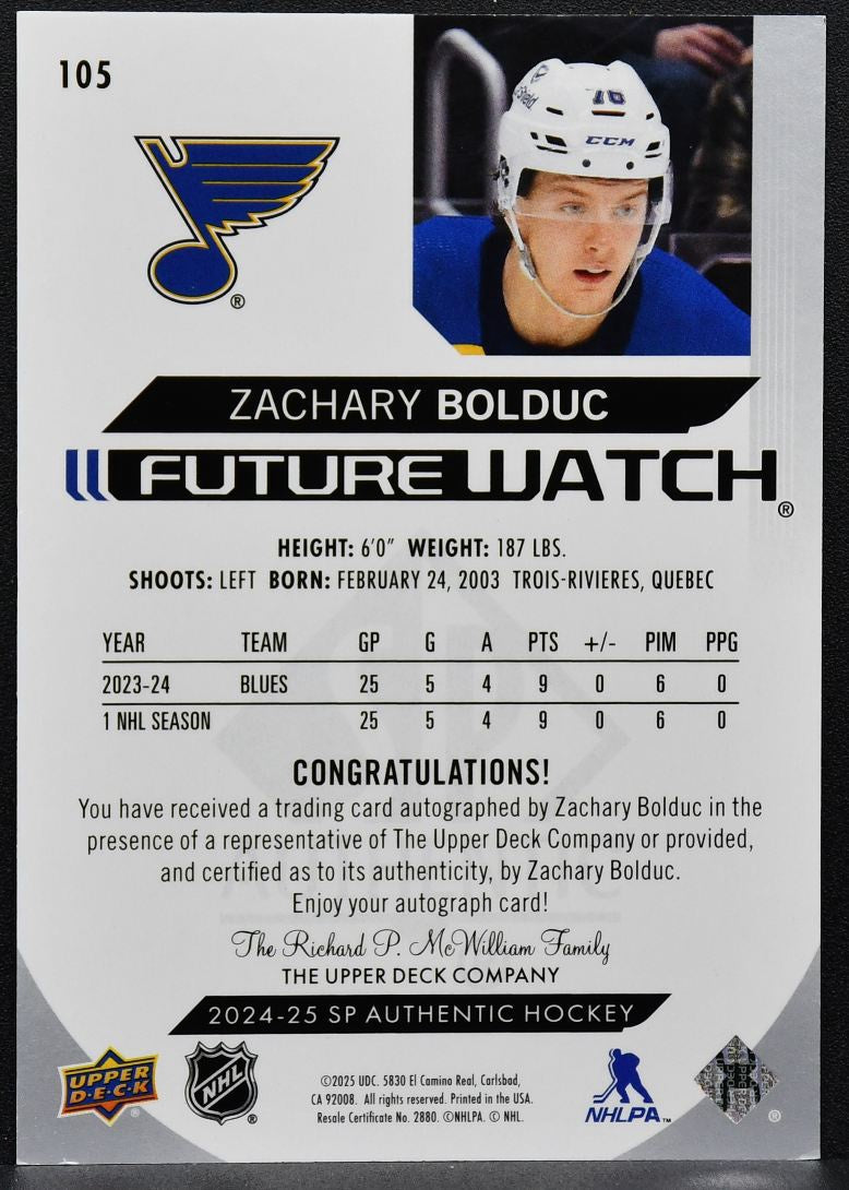 2024-25 SP Authentic Future Watch Auto Zachary Bolduc 105 RC Auto 270/999 6247