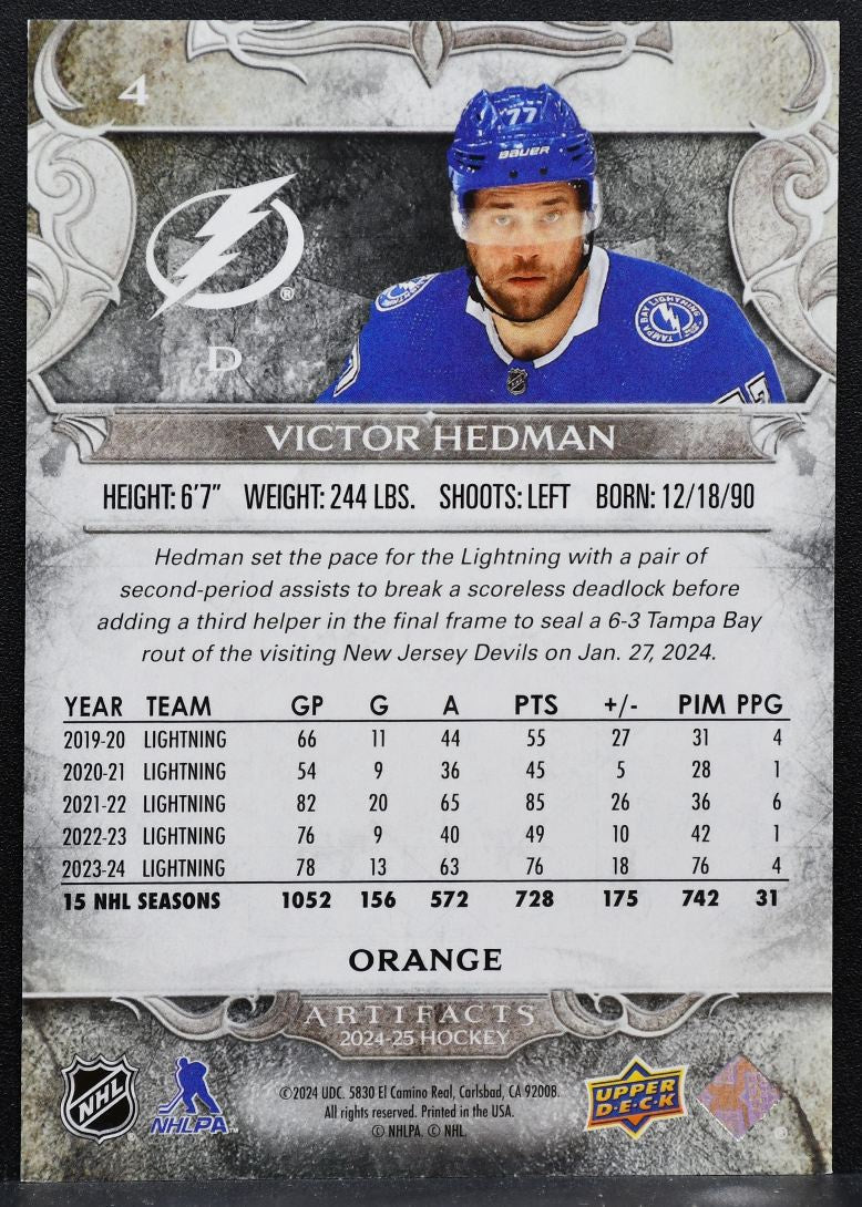 2024-25 Upper Deck Artifacts Orange Victor Hedman Tampa Bay Lightning 14/65 6847
