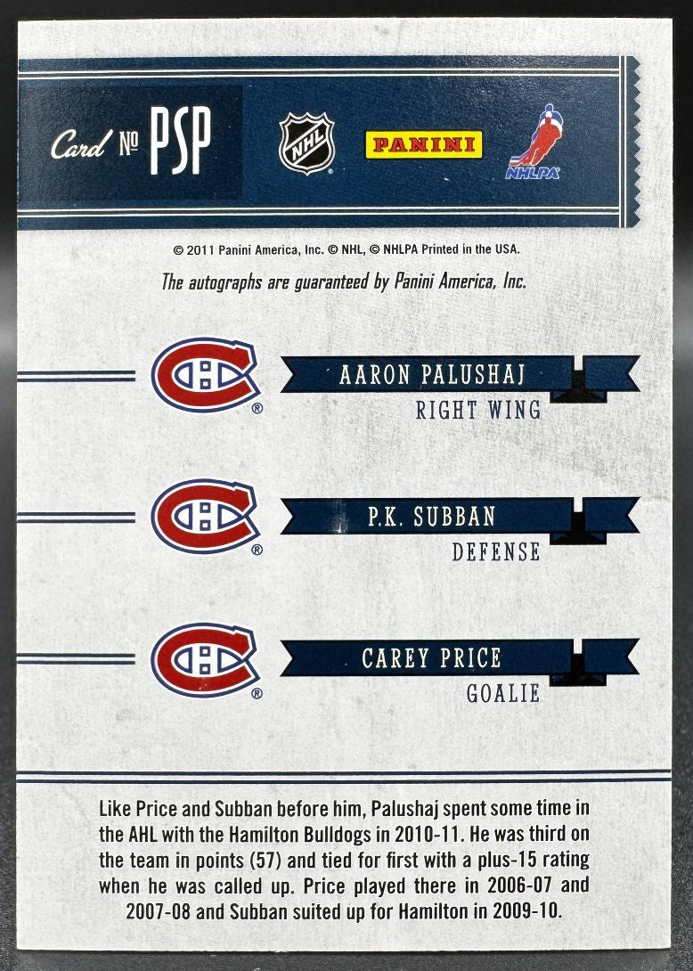 Carte autographiée Panini Pen Pals 2011-12 de Carey Price et P.K. Subban (Canadiens de Montréal) - 09/25