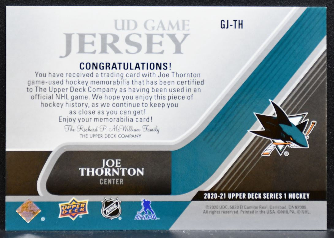 2020-21 Upper Deck Series 1 UD Game Jersey Joe Thornton GJ-TH Sharks Jersey 8611