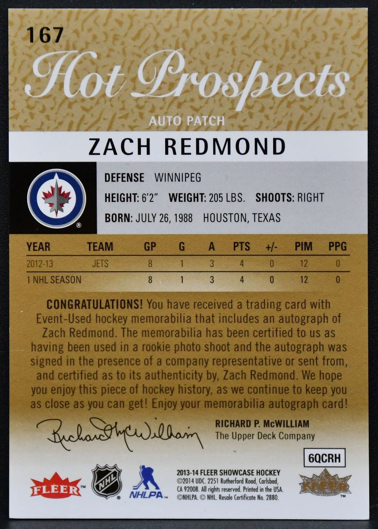 2013-14 Fleer Showcase Hot Prospects Redmond Jets RC Auto 085/175 Patch 0447