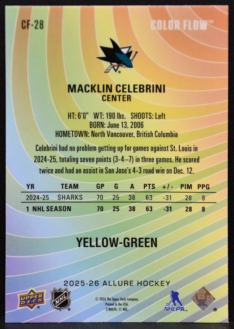 2025-26 UD Allure Color Flow Yellow-Green Macklin Celebrini CF-28 Sharks 5101