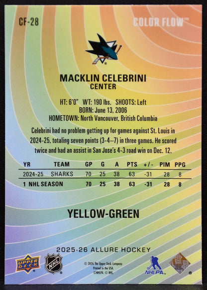 2025-26 UD Allure Color Flow Yellow-Green Macklin Celebrini CF-28 Sharks 5101