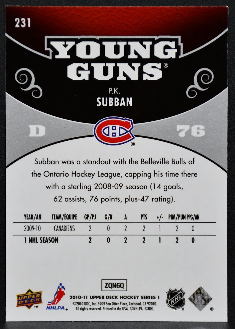 2010-11 Upper Deck Series 1 Young Guns P.K. Subban 231 Montreal Canadiens RC 5814