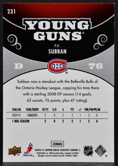 2010-11 Upper Deck Series 1 Young Guns P.K. Subban 231 Montreal Canadiens RC 5814