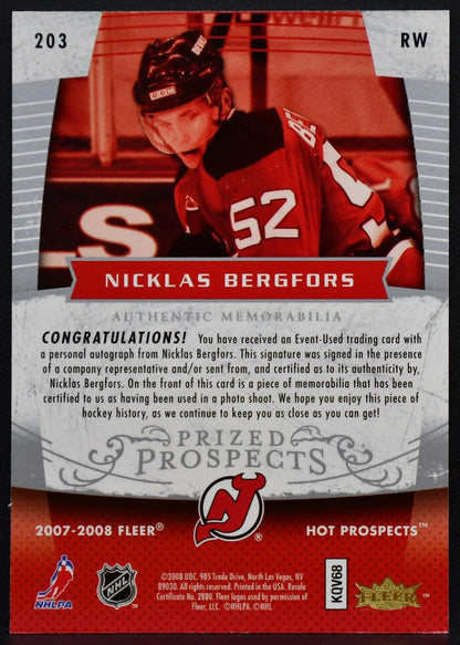 2007-08 Fleer Hot Prospects Prized Bergfors Devils RC Auto 203/399 Patch 0355