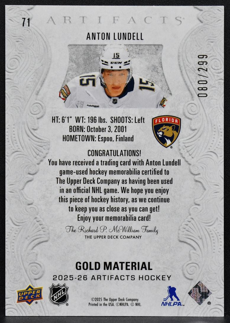 25-26 UD Artifacts Gold Materials Anton Lundell 71 Panthers 080/299 Jersey 3193