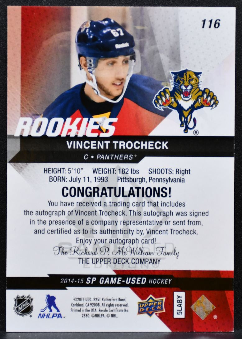 2014-15 SP Game Used Autographs Blue Vincent Trocheck 116 Panthers RC Auto 6549