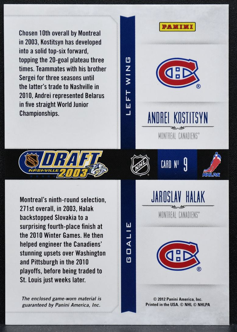 2012-13 Panini Rookie Anthology Draft Year Combos Kostitsyn/Halak Jersey 5727