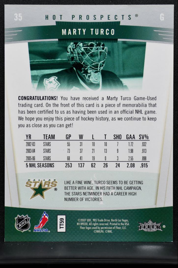2006-07 Fleer Hot Prospects Authentic Jersey Marty Turco 35 /100 Jersey 2876