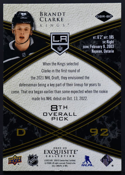 2022-23 UD Exquisite Collection Brandt Clarke 08R-BC Los Angeles Kings RC 26/99