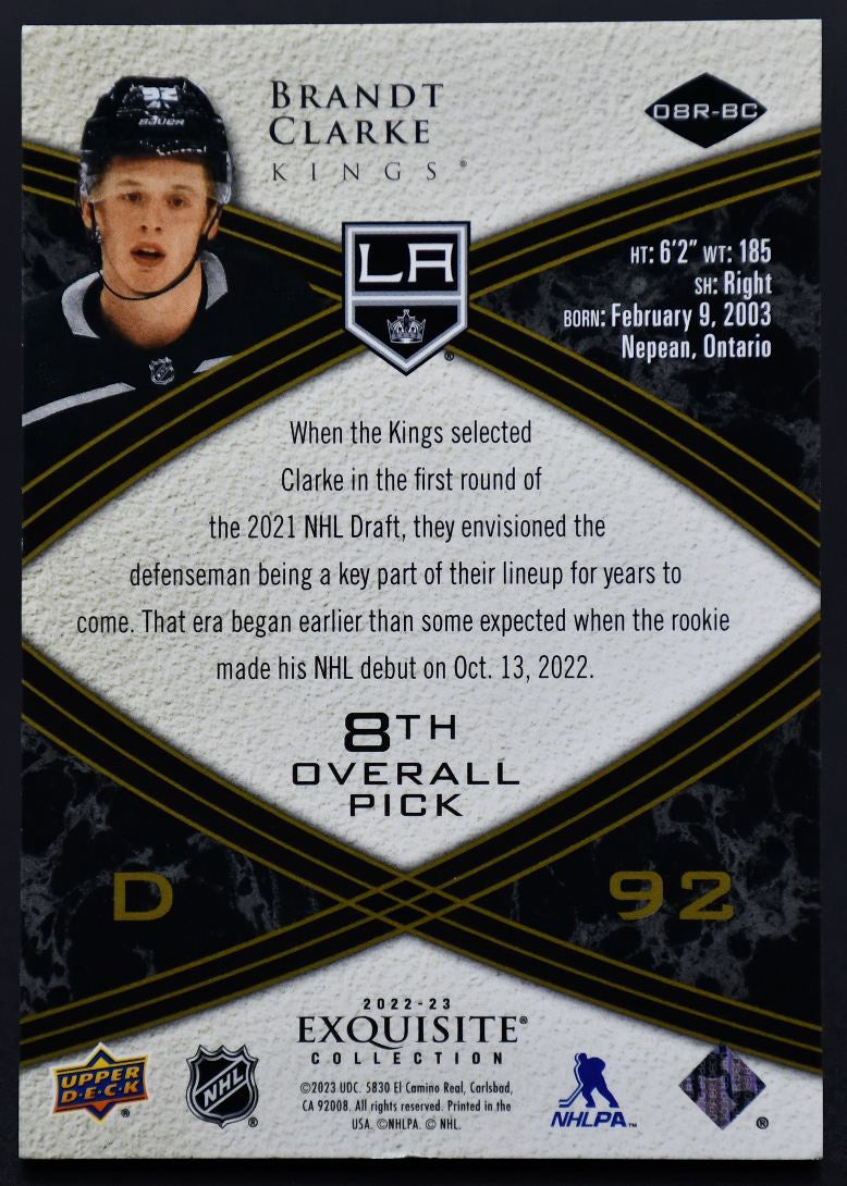 2022-23 UD Exquisite Collection Brandt Clarke 08R-BC Los Angeles Kings RC 26/99