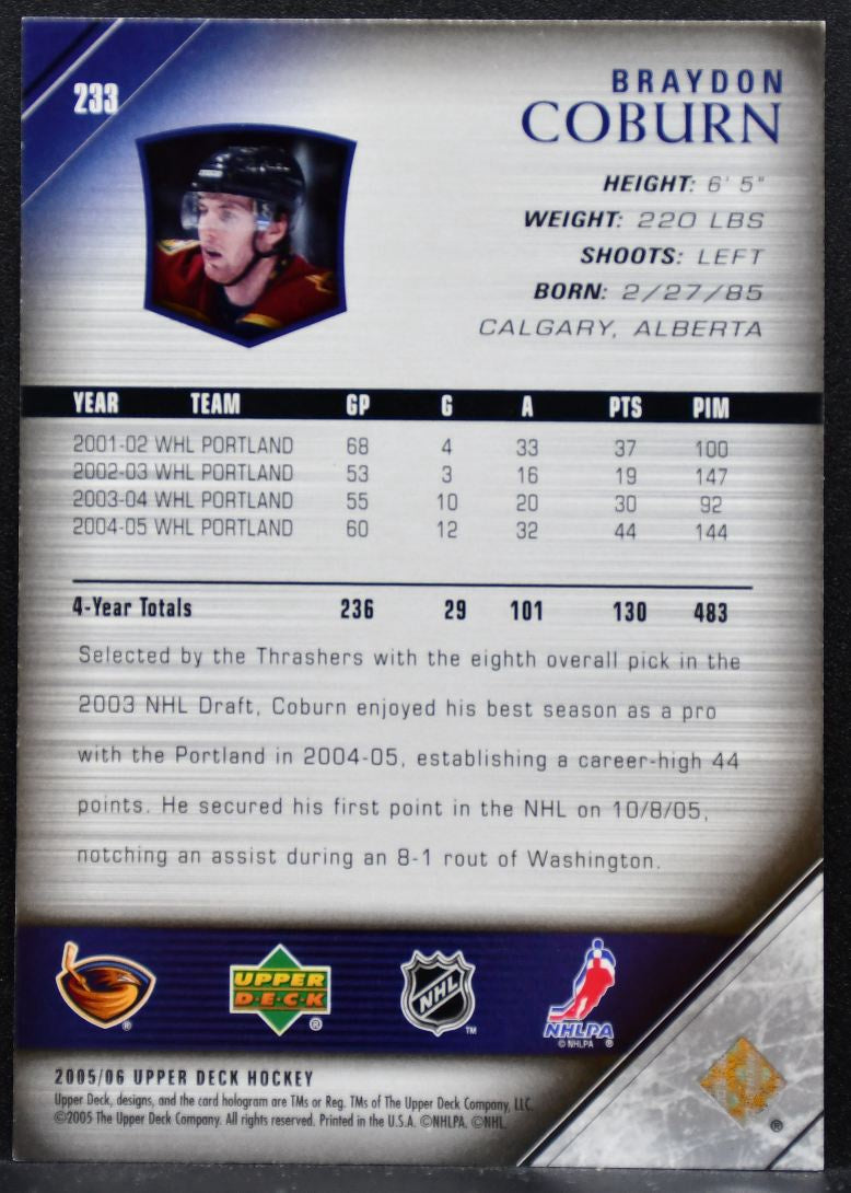 2005-06 Upper Deck Young Guns Braydon Coburn 233 Atlanta Thrashers RC 8314