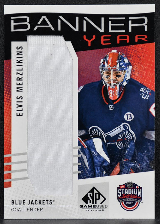 25-26 SP Game Used Stadium Series Banner Year Relics Merzlikins Blue Jackets 7543