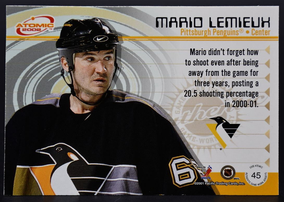 Maillot authentique porté en match par Mario Lemieux (n° 45) lors de la saison 2001-2002 des Pacific Atomic