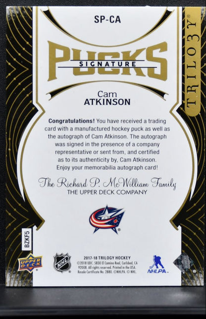 2017-18 Upper Deck Trilogy Signature Pucks Cam Atkinson SP-CA Jackets Auto 0352