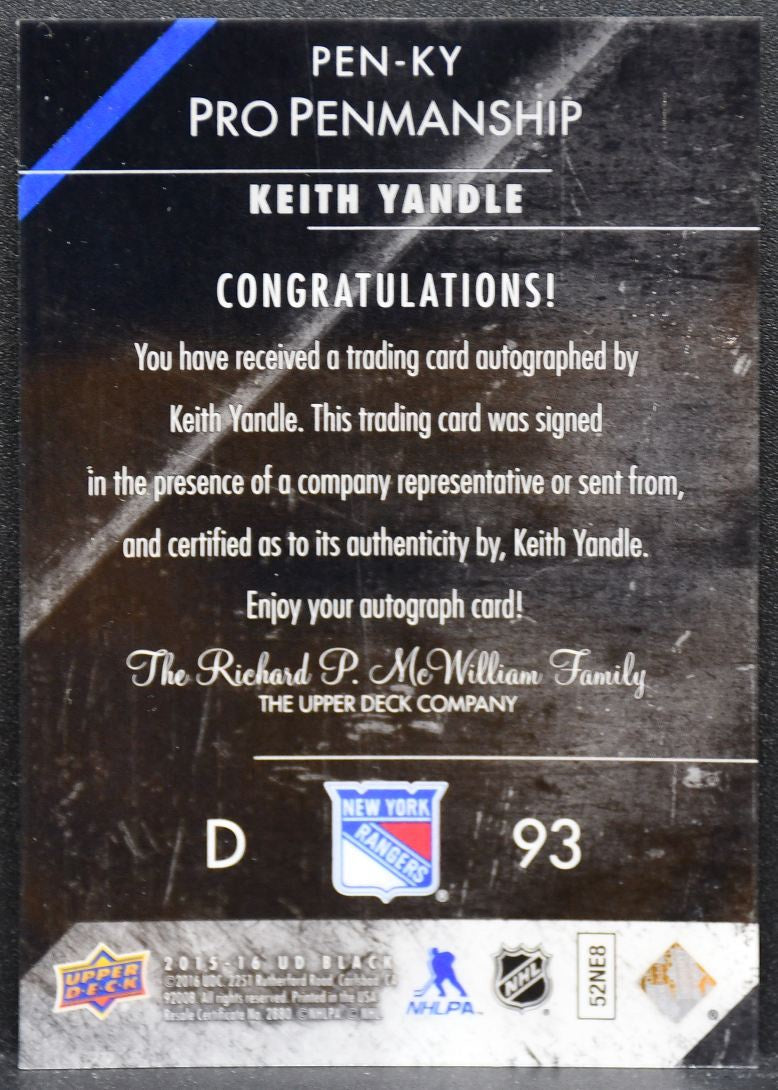 2015-16 UD Black Pro Penmanship Keith Yandle PEN-KY Rangers Auto 31/49 6351