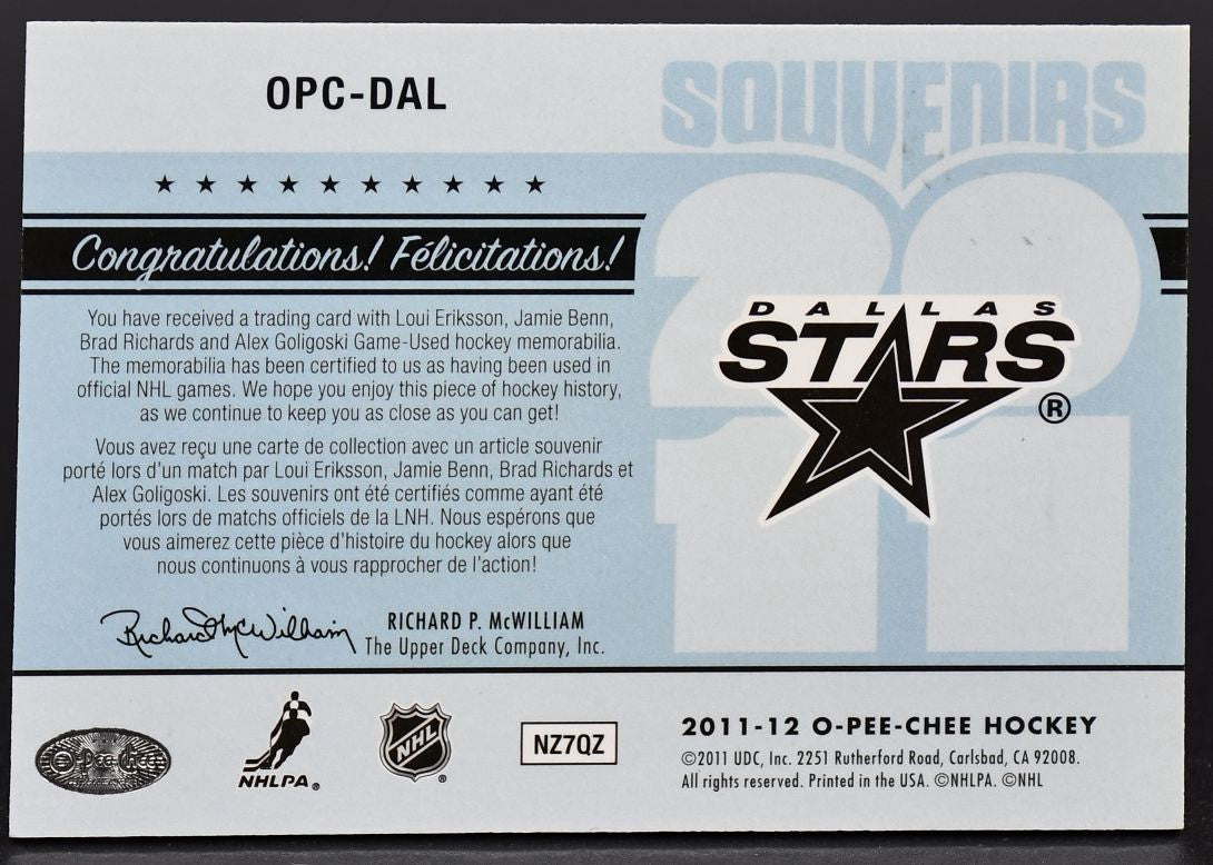 2011-12 OPC Souvenirs Benn/Richards/Eriksson/Goligoski OPC-DAL Jersey