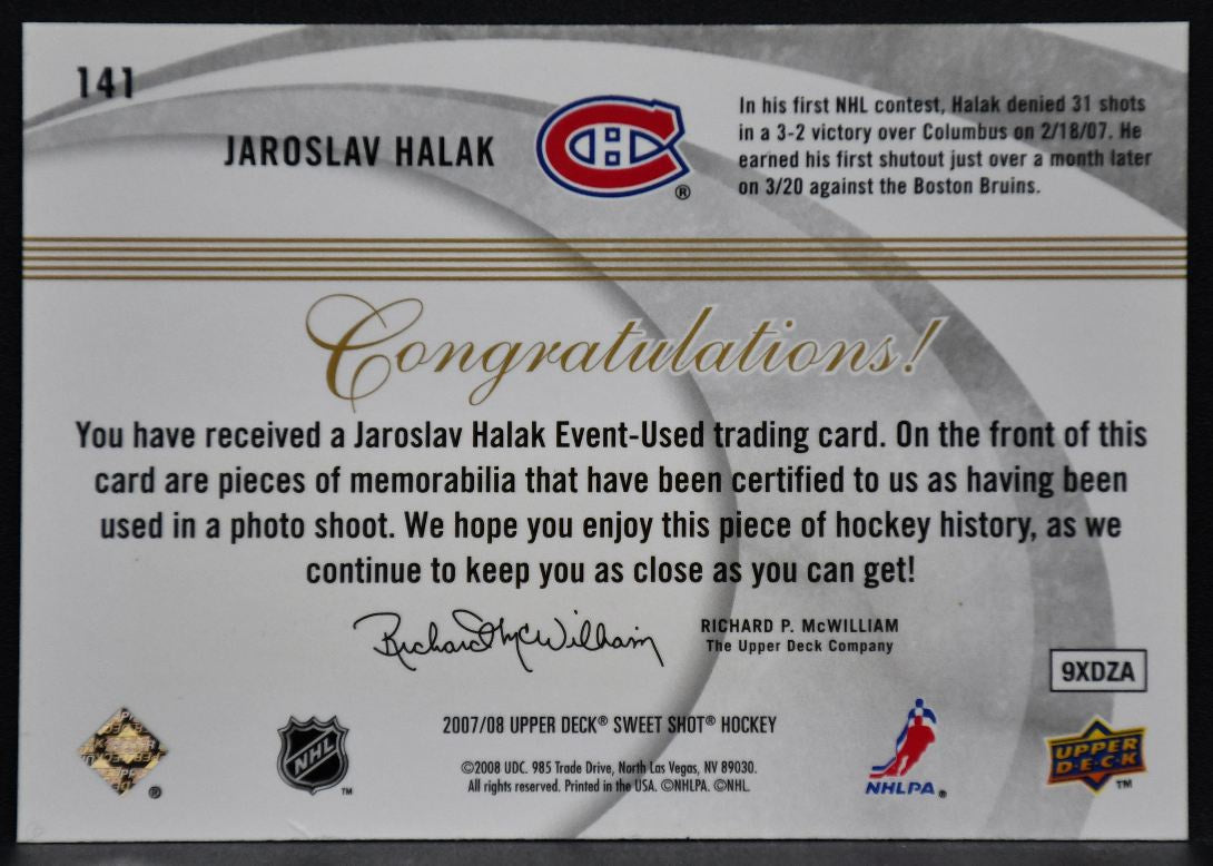 07-08 UD Sweet Shot Sweet Beginnings RC Jersey Halak Canadiens RC /599 Jersey 2516