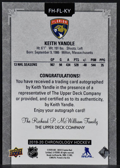 2019-20 UD Chronology Autos Keith Yandle FH-FL-KY Florida Panthers Auto