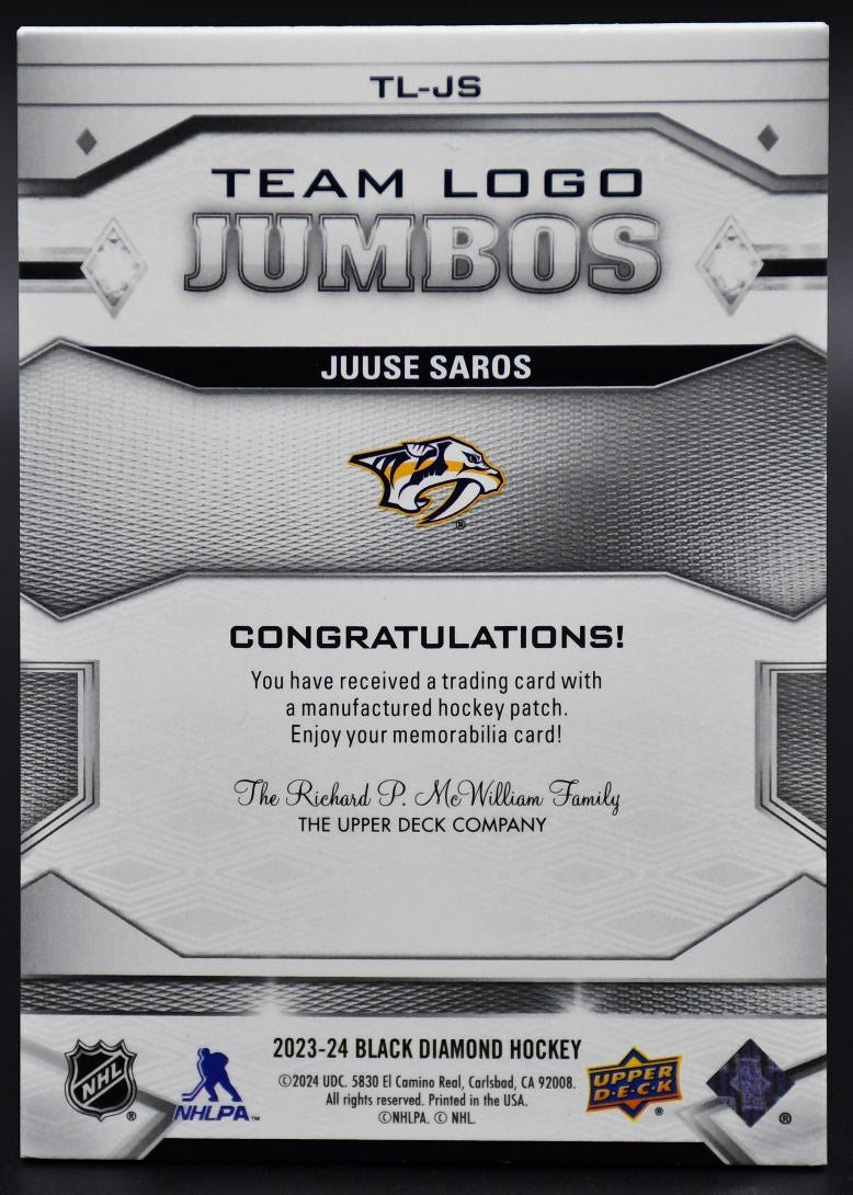 2023-24 UD Black Diamond Juuse Saros TL-JS Nashville Predators Patch