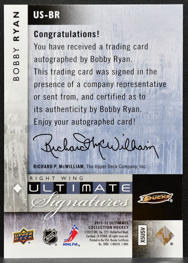 2011-12 UD Ultimate Collection Signatures Bobby Ryan US-BR Ducks Auto 2103