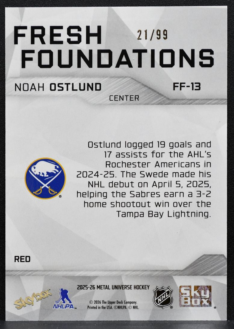 2025-26 SkyBox Metal Universe Fresh Foundation Red Noah Ostlund Sabres 9676
