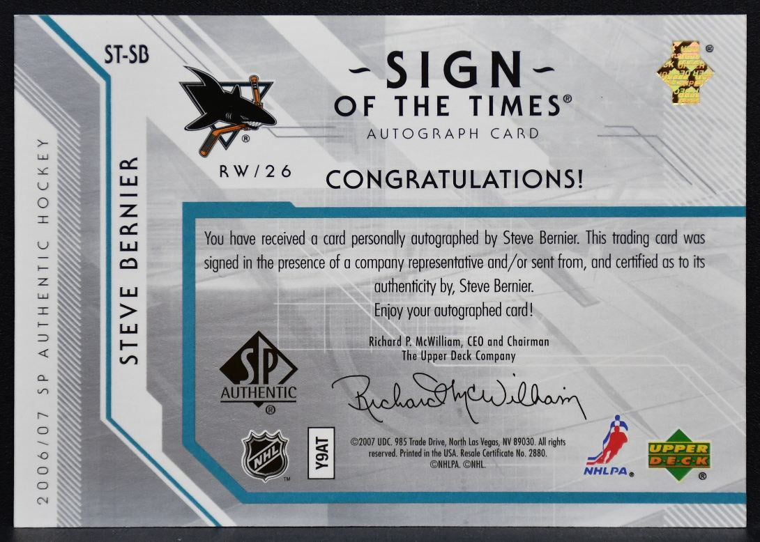 2006-07 SP Authentic Sign of the Times Steve Bernier ST-SB Sharks Auto 8089