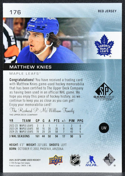 2025-26 SP Game Used Red Jersey Matthew Knies 176 Jersey 0138