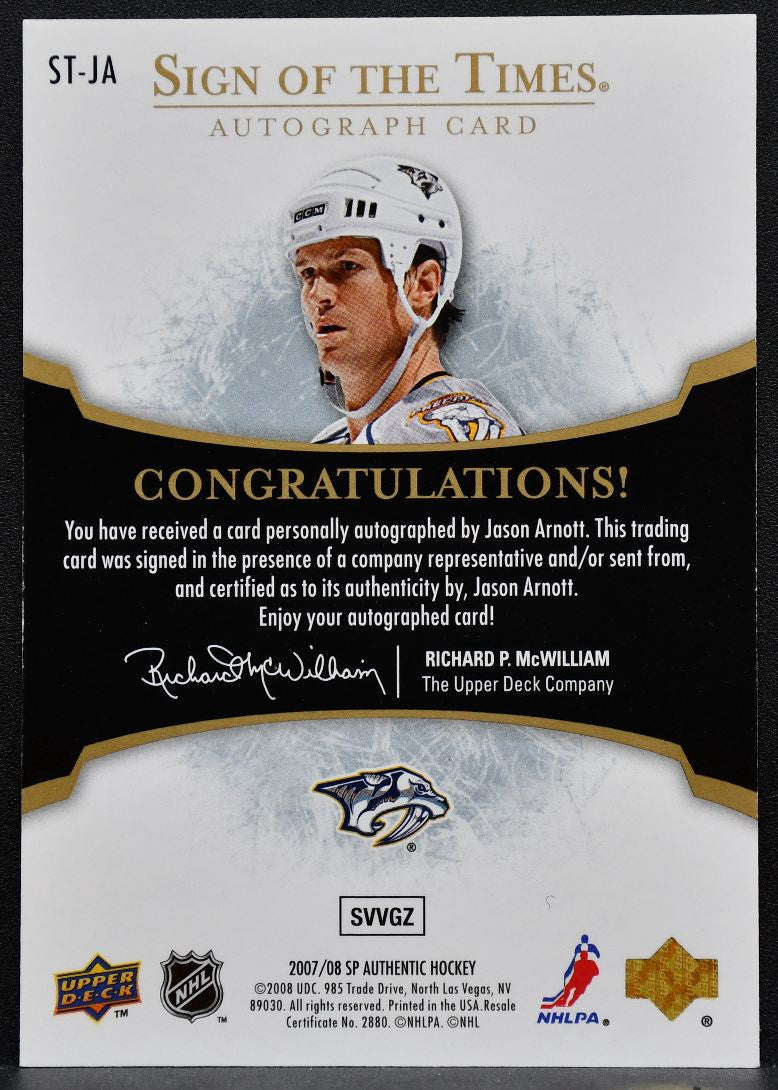 2007-08 SP Authentic Sign of the Times Jason Arnott ST-JA Predators Auto 9626