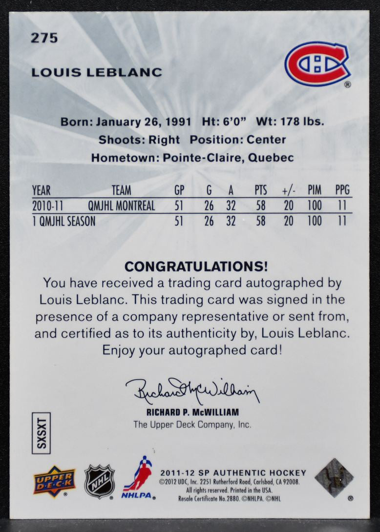 2011-12 SP Authentic Future Watch Auto Louis LeBlanc RC Auto 190/999 6150