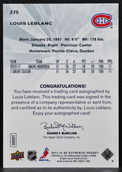 2011-12 SP Authentic Future Watch Auto Louis LeBlanc RC Auto 190/999 6150