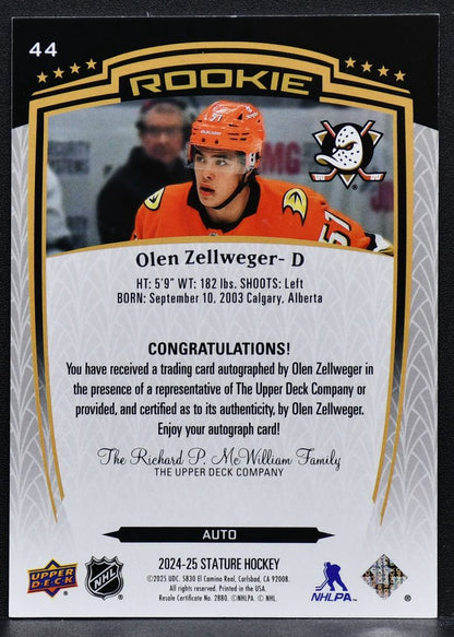 2024-25 UD Stature Rookie Auto Olen Zellweger 44 Anaheim Ducks RC Auto