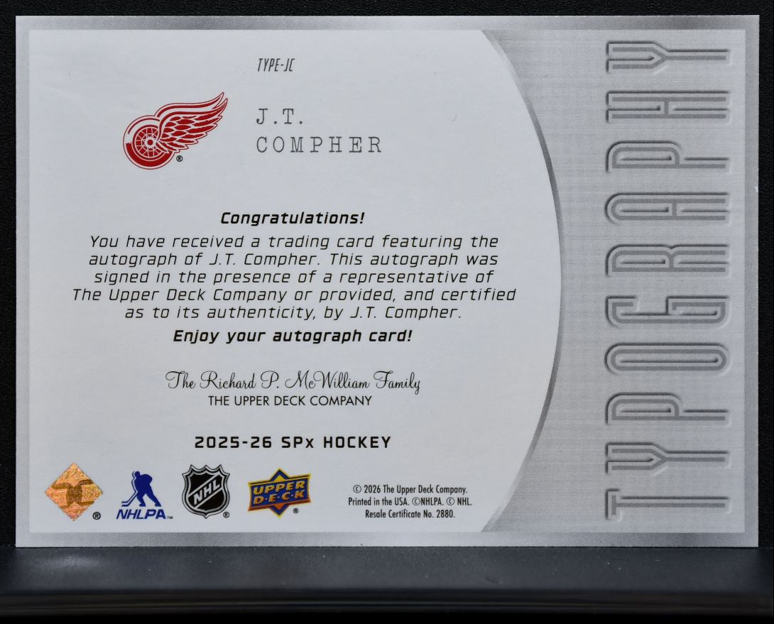 2025-26 SPx Typography J.T. Compher TYPE-JC Detroit Red Wings Auto 41/99 2423