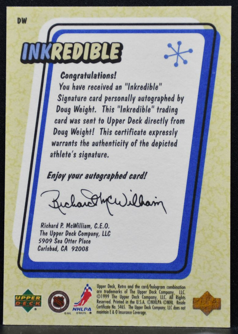 1999-100 Upper Deck Retro Inkredible Doug Weight DW Edmonton Oilers Auto 6228