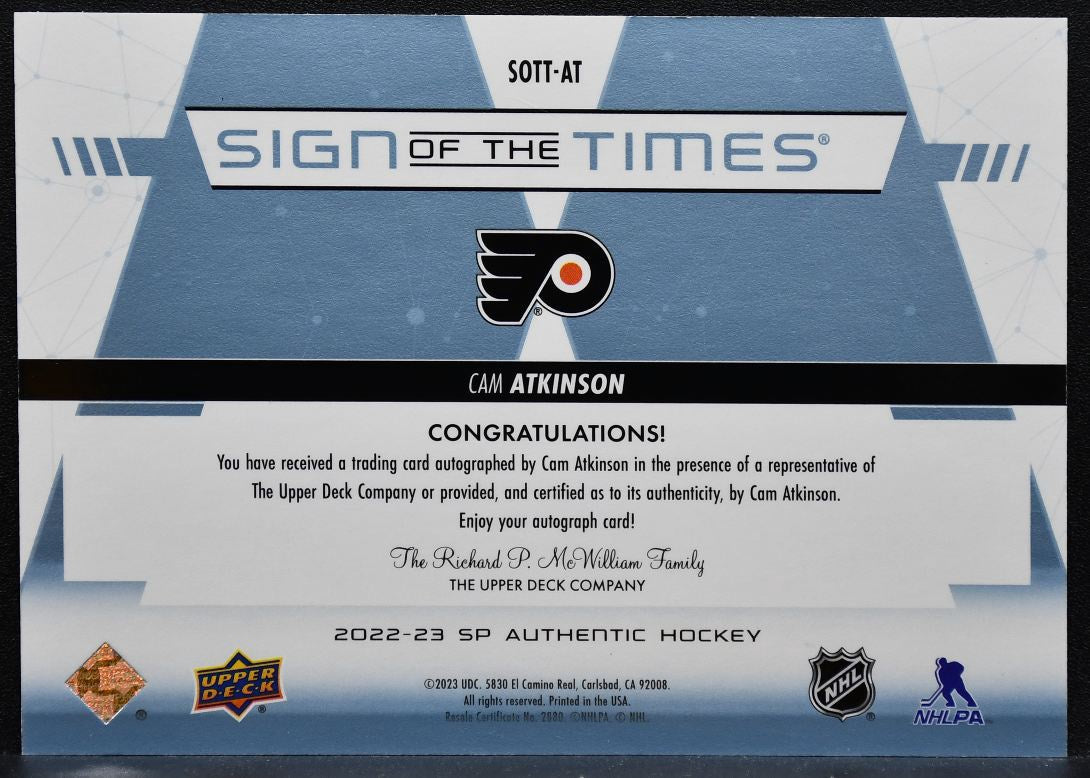2022-23 SP Authentic Sign of the Times Cam Atkinson SOTT-AT Flyers Auto 1926