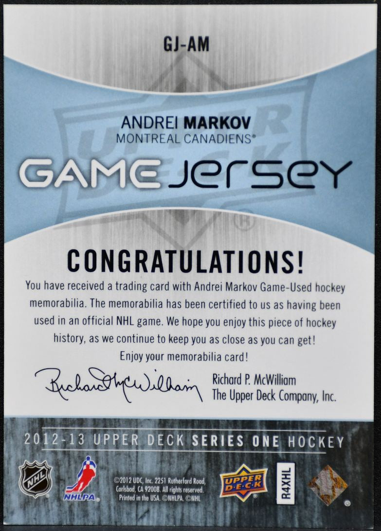 2012-13 Upper Deck Series 1 Game Jersey Andrei Markov Canadiens Jersey 9225