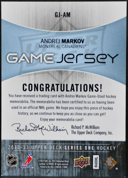 2012-13 Upper Deck Series 1 Game Jersey Andrei Markov Canadiens Jersey 9225