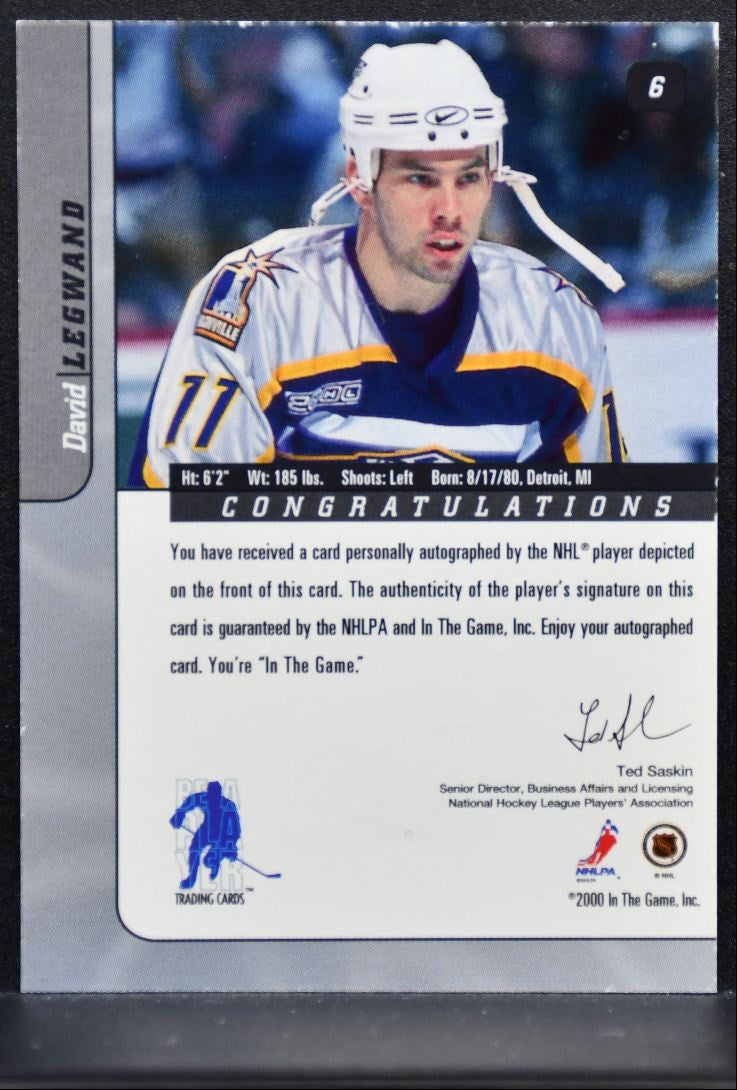 2000-01 In The Game Signature Series Auto David Legwand 6 Predators Auto 2806
