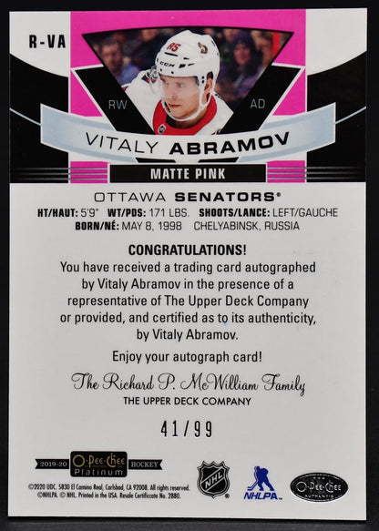 2019-20 OPC Platinum Rookie Auto Pink Vitaly Abramov R-VA RC Auto 41/99