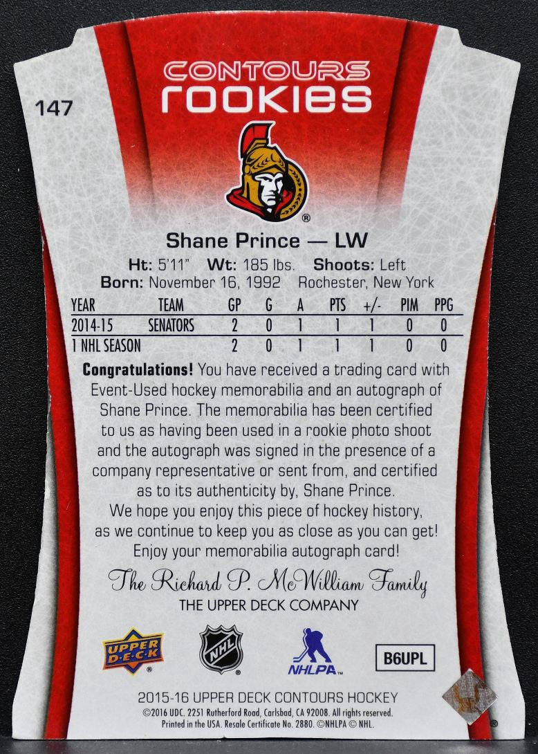2015-16 UD Contours Rookies Auto Shane Prince Senators RC Auto Jersey 8726