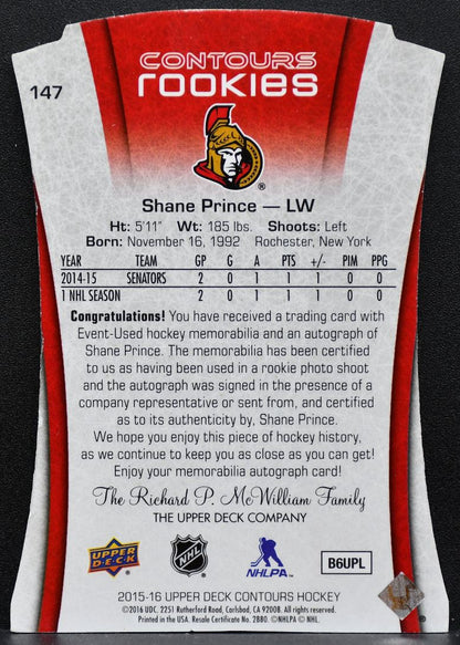 2015-16 UD Contours Rookies Auto Shane Prince Senators RC Auto Jersey 8726