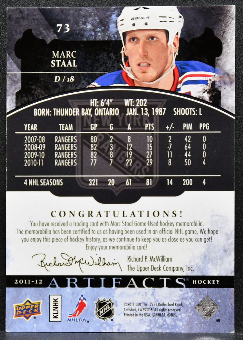 2011-12 Upper Deck Artifacts Jerseys Marc Staal 73 Rangers 013/125 Jersey 1993