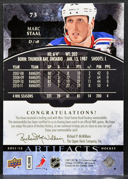 2011-12 Upper Deck Artifacts Jerseys Marc Staal 73 Rangers 013/125 Jersey 1993