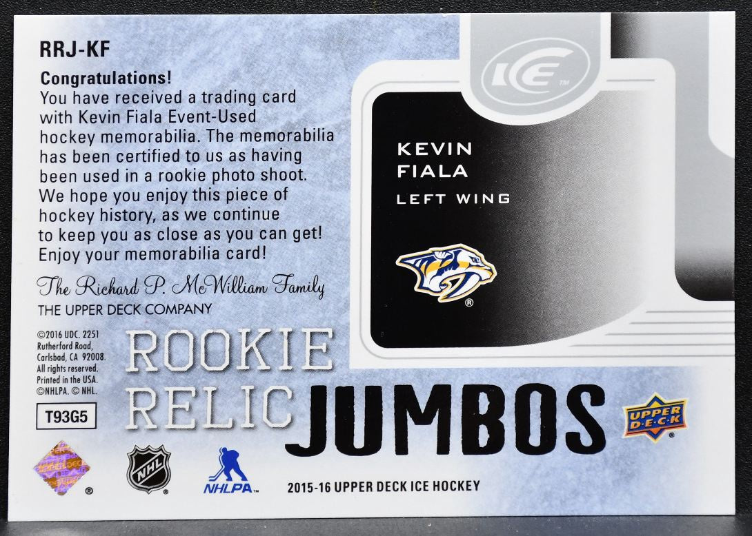 2015-16 UD Ice Rookie Relic Jumbos Kevin Fiala Predators RC 269/299 Jersey 2387