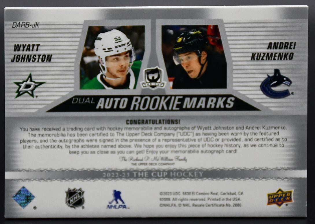 2022-23 UD The Cup Johnston/Kuzmenko Stars/Canucks RC Auto Patch